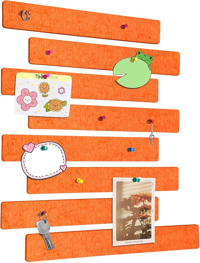 Cork Board for Walls - 8 Pack Felt Pin Board Bar Strips - Self-Adhesive Lightweight Bulletin Board - Cork Board for Office with 40 Push Pins No Damage for Wall (Orange Red)