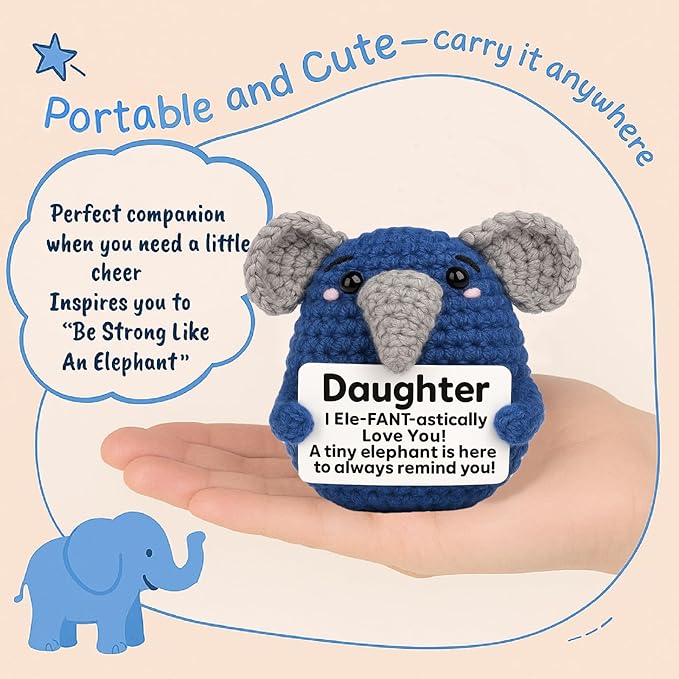 Gifts for Daughter from Mom Dad, Handmade Crochet Elephant Doll, Emotional Support Animal Gift for Girls, Cute Inspirational Gift for Daughter, Graduation Gift Idea