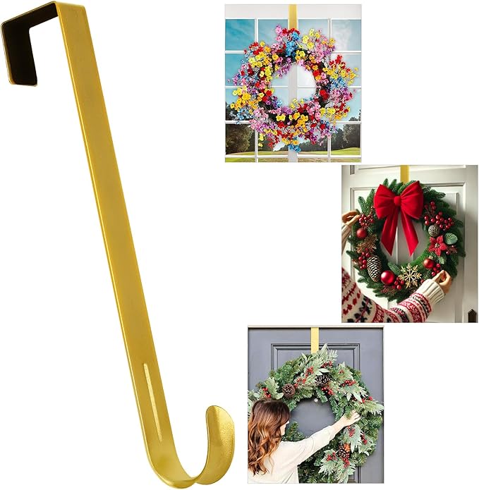 12" Metal Wreath Hanger for Front Door, Tools-Free Wreath Hanger Heavy Duty, Over-the-Door Hooks for Hanging Welcome Sign, Wreath Holder for Easter, Halloween, Fall, Christmas Decorations(Gold)