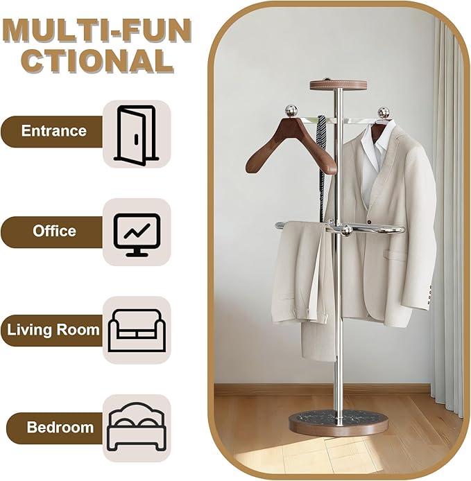 Metal Valet Stand with Tray, Clothes Valet Stand for Men with 2 Suit Hangers, Multifunctional Suit Valet Stand with Sturdy Base, for Entryway, Bedroom, Office H:54.33IN