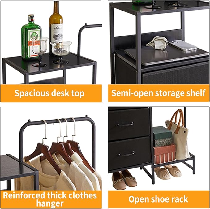 Clothes Rack with Shelves and Hanging Rod, 3 Drawers Small Coat Hanger, Reversible Clothes Rack, Black YD-TM081B