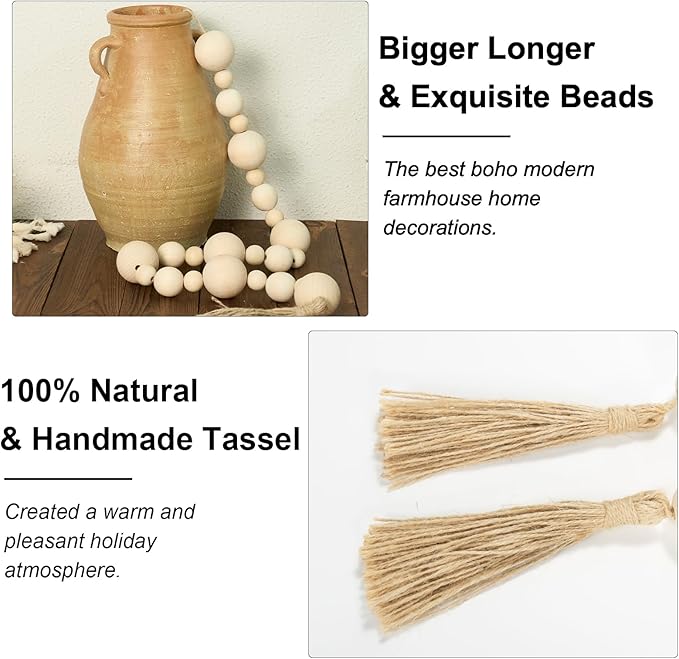 2" Extra Large Wood Bead Garland with Tassels, 50" Long Rustic Farmhouse Wooden Beads Garland, Decorative Beads Boho Decorations for Home Table Mantle Natural Beige