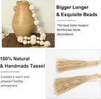2" Extra Large Wood Bead Garland with Tassels, 50" Long Rustic Farmhouse Wooden Beads Garland, Decorative Beads Boho Decorations for Home Table Mantle Natural Beige