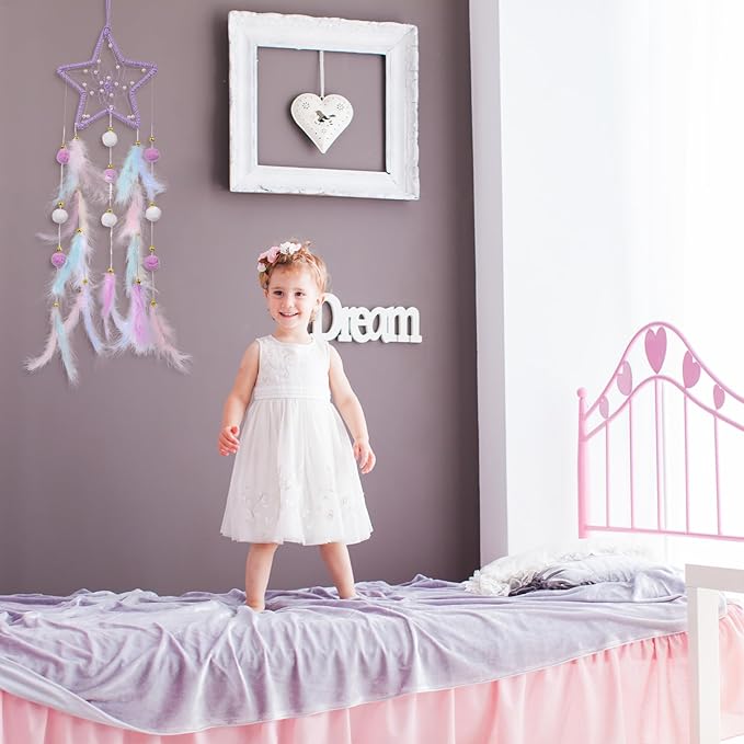 ElevateTech Purple Dream Catcher Wall Hanging Set, 2 Pcs Moon Star Pompom Feather Dreamcatcher Wall Decor Handmade Dream Catchers Boho Room Decor for Bedroom, Nursery Walls Art Birthday Gifts