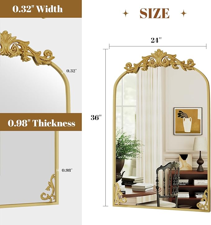 VooBang 24x36 inch Vintage Arched Bathroom Mirror - Gorgeous Wall Vanity Mirror with Beautiful Retro Top and Bottom Engraving Process Frame for Entryway Hallway Living Room, Gold