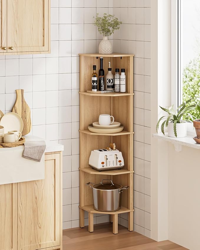 Corner Shelf, 5 Tier Corner Bookshelf, Display Corner Shelf Stand with Storage Rack, Wall Corner Bookshelf for Living Room, Bedroom, Office, Oak