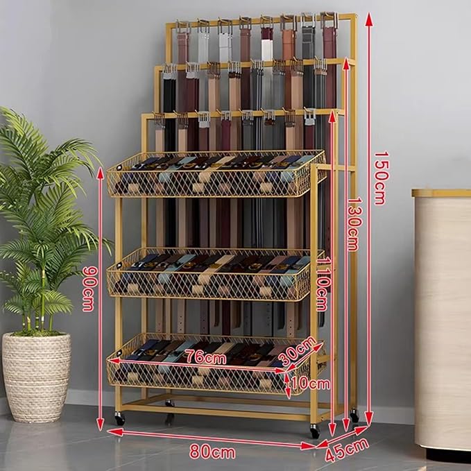 Heavy Duty Belt Display Stand, Metal Belt Rack with 360° Rolling Wheels, Multi-Functional Accessory Display for Belts/Scarves/Wallets, Retail Belt Organizer for Store/Closet/Boutique