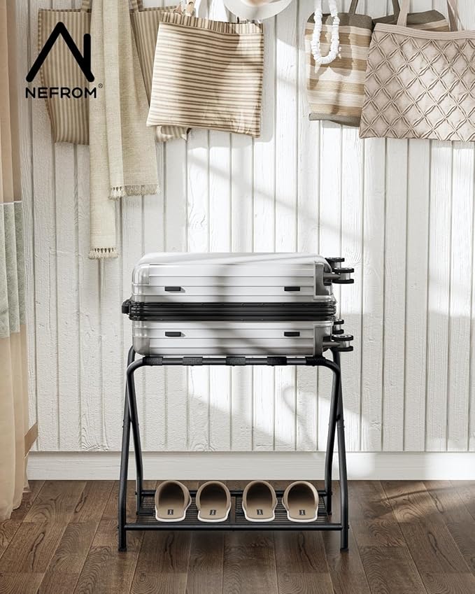 Set of 2 Luggage Rack with Storage Shelf, Foldable Suitcase Stand, Heavy Duty Metal Luggage Holder for Guest Room, Bedroom, Hotel, 150 lbs Top Capacity, 50 lbs Bottom Shelf LR-BK-2