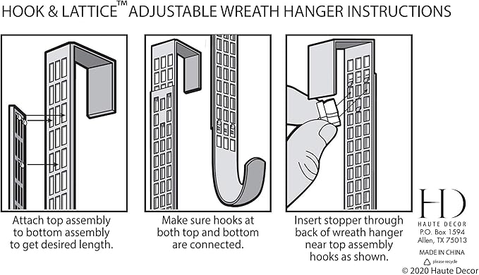 Haute Decor Hook & Lattice Metal Adjustable Length Over The Door Wreath Hanger, Matte Black (1 Pack) - Strong Unique Modern Design, Holds 20 Pounds