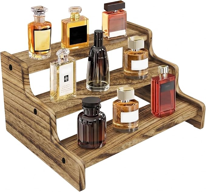 Wooden Cologne Organizer for Men, Perfume Organizer Stand, Cologne Stand with Anti-Slip Washers, Wooden Display Risers Stand for Dessert, Cupcake, Charcoal-Grilled, 3-tier-9.4in