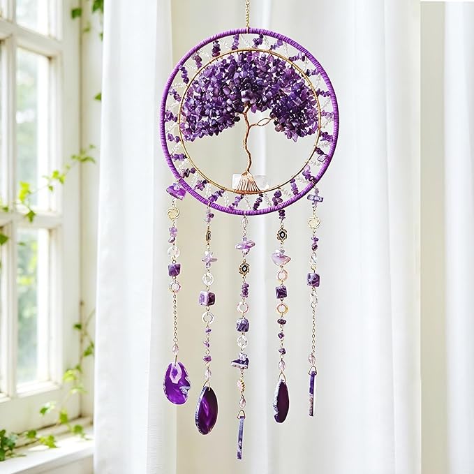 Tree Life Dream Catcher and Sun Catcher, Handmade Healing Crystal Boho Window Hanging for Home Decor, Rainbow Maker Wall Decor, for Women, Housewarming (Purple)