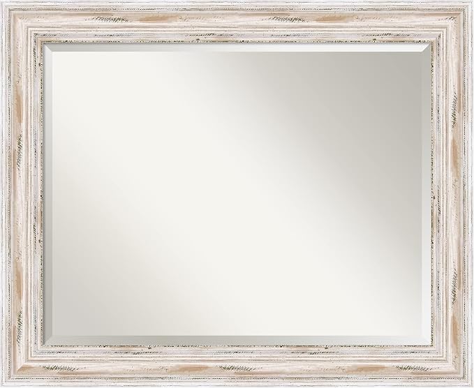 Amanti Art White Wall Mirror 27x33 Alexandria White Wash Rectangle Bathroom Mirror for Wall Decor Living Room, Large Cottage Wood Frame, Hangs Horizonally and Vertically, Bathroom Decor, Beveled Edge