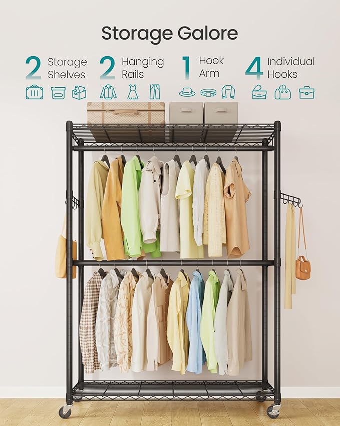 SONGMICS Heavy-Duty Rolling Clothes Rack, Garment Rack, Portable Closet on Wheels, with Adjustable Mesh Shelves and Hanging Rails, Hooks, 15.8 x 43.3 x 78.3 Inches, Ink Black ULGR417BH01