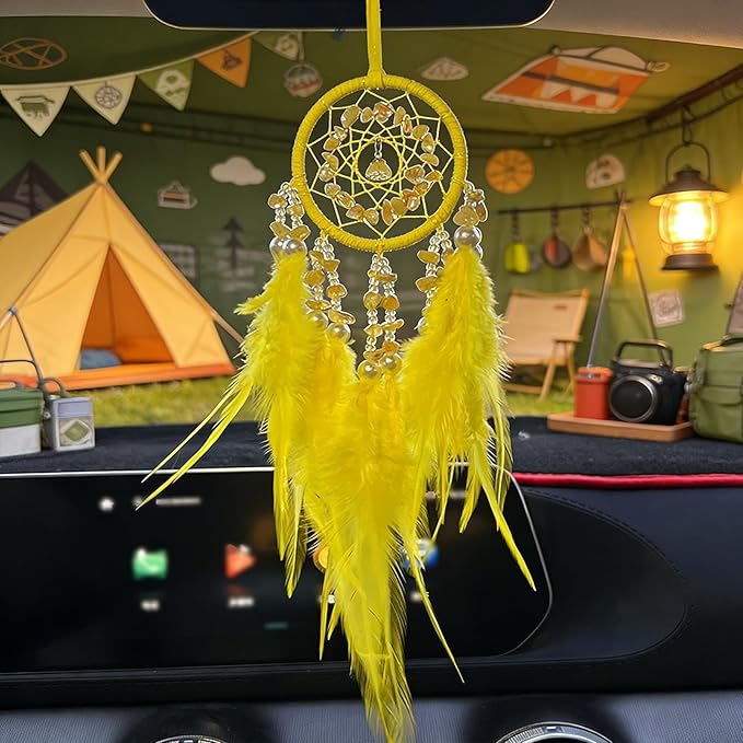Small Dream Catcher for Car Handmade Boho Hanging Decor for Car Interior Rear View Mirror Feathers Dream Catchers Charms Ornament(Yellow)
