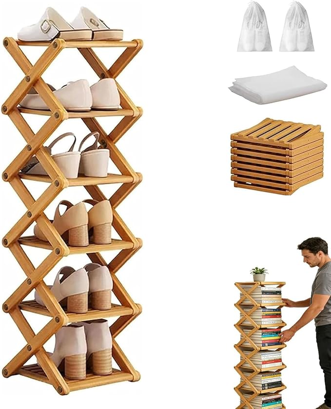 The 6-Tier No-Assembly Bamboo Rack, Bamboo Shoe Rack, Foldable Shoe Rack, Space Saving Collapsible Shelves for Entryway, Closet, Bathroom, Bamboo Shoe Rack, Foldable Shoe Rack (Wood, 6Tier)