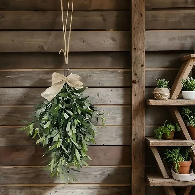 belupai Artificial Olive Teardrop Swag,23.6in Fake Green Olive Wreath Pendant with Burlap Bow and Olive Fruits,Spring Summer Front Door Decorative Swag for Home Porch Holiday Decor