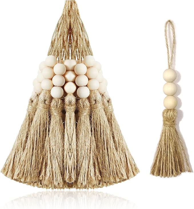 10 Pack Tassel Ornaments with Wood Beads Jute Tassels for Christmas Tree Boho Giant Hemp Rope Decor DIY Craft Garland Project for Wedding Home Party Decorations (Natural Color)
