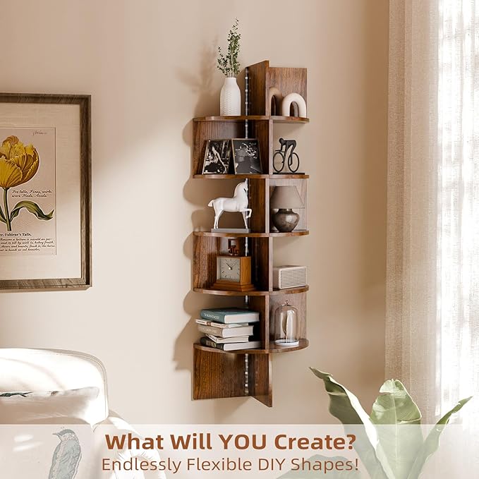 HAAYOT Corner Shelf Wall Mounted: 5-Tier Floating Shelves with Lights for Living Room, Bedroom, Home Office, Rustic Brown