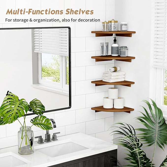 Forbena Walnut Brown Floating Corner Shelves for Wall 4-Pack, Small Corner Wall Shelves for Kids Room, Cute Wooden Hanging Corner Shelf for Bedroom Bathroom Decor, Living Room, Small Spaces