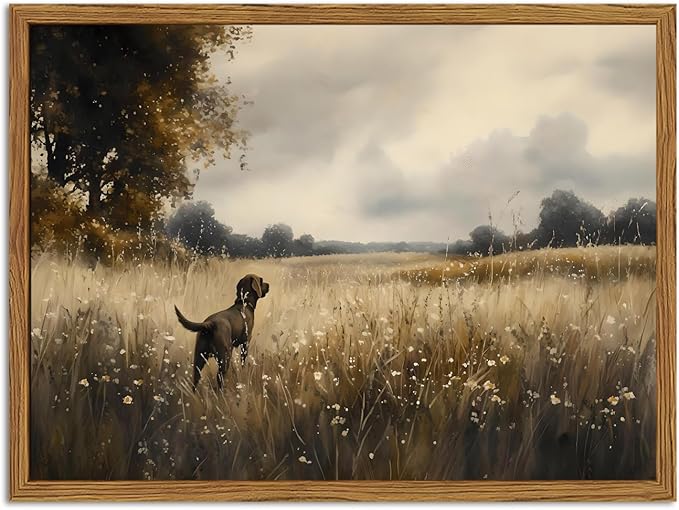 Framed Vintage Hunting Black Dog Wall Art, Rustic Country Landscape Pictures Wall Decor, Farmhouse Animal Paintings Canvas Prints for Home Living Room Bedroom 16x24 inch