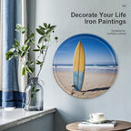 Wall Picture, with Beach Surfboard Printed Circular Iron Hanging Picture,Wall Art Decor,Home for Bedroom Living Room Bathroom Decor,Iron Painting 11.8X11.8 in