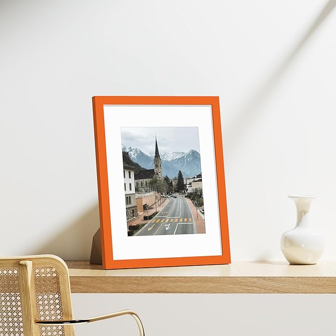 Vittanly 11x14 Picture Frames Set of 9, Shatter Resistant Plexiglass, Display 8x10 Pictures with Mat or 11x14 without Mat, Photo Frames for Wall or Tabletop, Engineered Wood, Orange