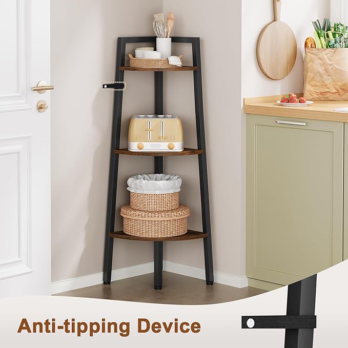 Hoctieon Corner Shelf, 3-Tier 40" Tall Corner Bookshelf, Rustic Ladder Shelf, Industrial Display Stand for Living Room, Kitchen, Home Office, Balcony, Small Space, Metal Frame, Rustic Brown