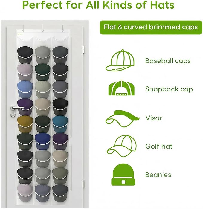 Unjumbly Baseball Hat Rack, 24 Pocket Over-The-Door Hat Organizer with Clear Deep Pockets to Display Baseball Caps Collection, Complete with 3 Over Door Hooks (White, 30 Pockets)