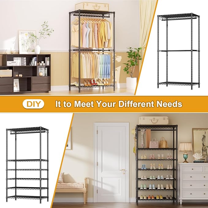 Ulif E13C Pro Heavy Duty Closet Organizer System，Freestanding Clothing Racks for Hanging Clothes，Adjustable Garment Rack 75" W x16 D x77 H Hold 1000lbs，Black Rack with Black Dustproof Cover
