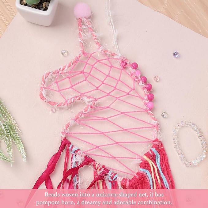 Pretty Jolly Unicorn Dream Catchers for Little Girls Bedroom Handmade Kids Dreamcatcher with Fluffy Pom Poms Feathers&Beads,Nursery Wall Decor for Toddler Girls Room,Children Birthday Gift(Pink)