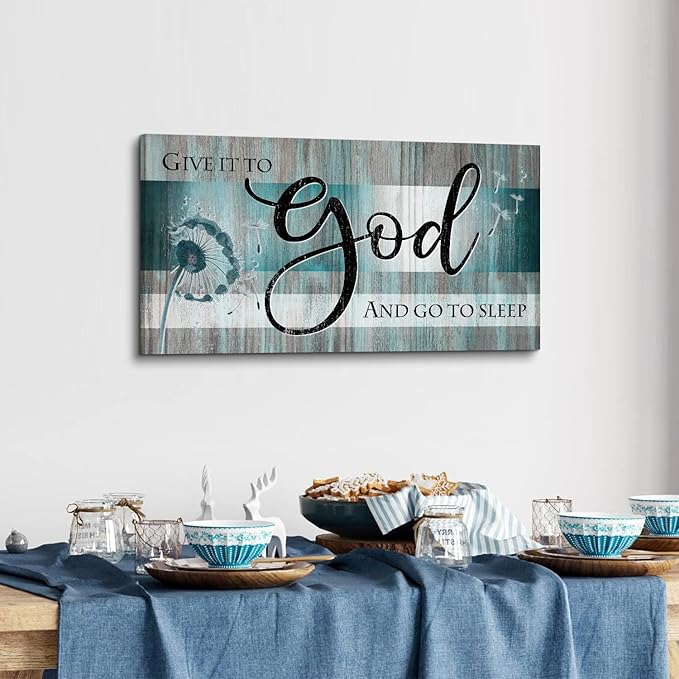 Christian Wall Decor Bible Verse Wall Art Give It to God and Go to Sleep Bedroom Pictures Faith Quote Canvas Painting Teal Religious Scripture Poster Dandelion Artwork Living Room Decorations 20x40"