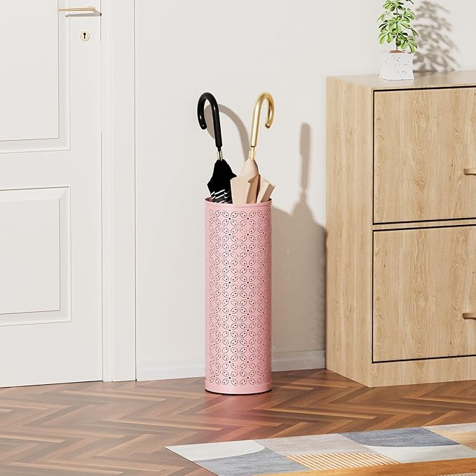 Metal Round Umbrella Stand,Free Standing Umbrella Holder Bin, Canes Walking Sticks Holder for Entryway, Home, Office,Pink