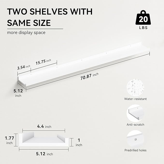 Boswillon 70.9 Inches Long Floating Shelves, 2 Set White Wall Shelf for Bedroom, Nursery Book Shelf with Lip, Picture Ledge Shelf for Wall Decor Living Room Bathroom Kitchen