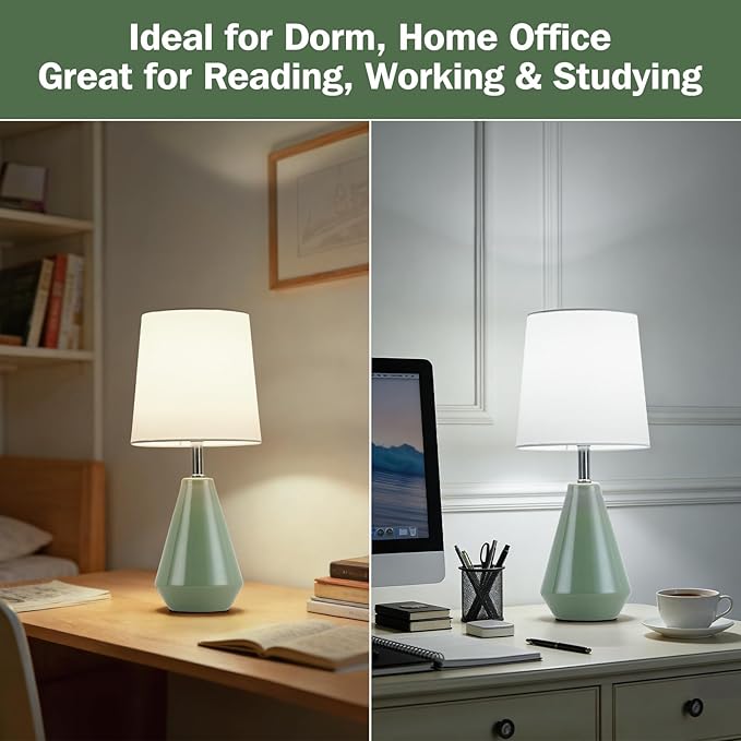Small Bedside Table Lamp for Bedroom - Reading Desk Lamp with 3 Color Temperatures，15.5" Nightstand Ceramic Lamp with Fabric Shade for Kids Room,Living Room,Dorm,Home Office (Green+White)