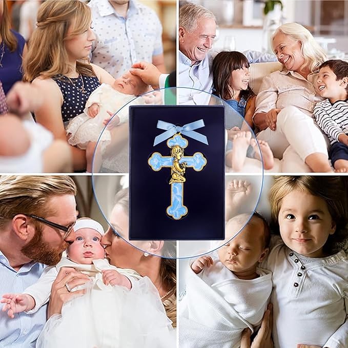 KOMI Baptism Gifts for Boys Blue Enamel Baby Wall Cross Christening Gifts Praying Boy Cross Christening and Dedication Baptismal Gifts from Godmother