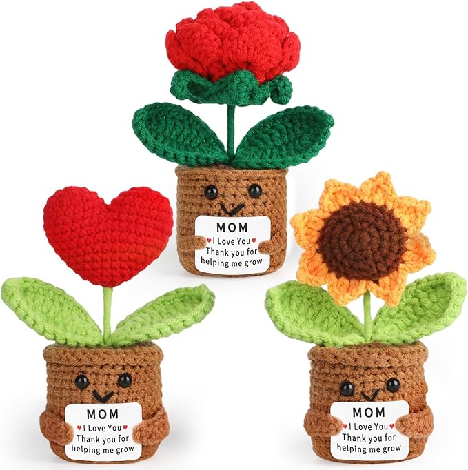 Mom Mother's Day Appreciation Gift Positive Crochet Flower Heart Plant Emotional Support Sunflower Inspirational Handmade Knitted Doll with Card Cute Present for Mommy Grandma for Mother Birthday