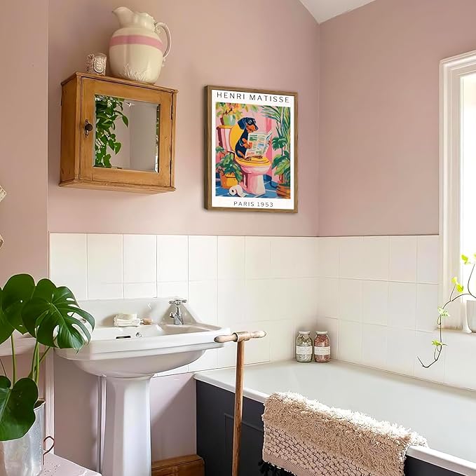 Funny Dachshund Bathroom Wall Art Henri Matisse Dog Bathroom Wall Decor Picture, Cute Puppy Animal Reading Newspaper in Toilet Poster Painting Canvas Print 16x24 inch Wood Framed