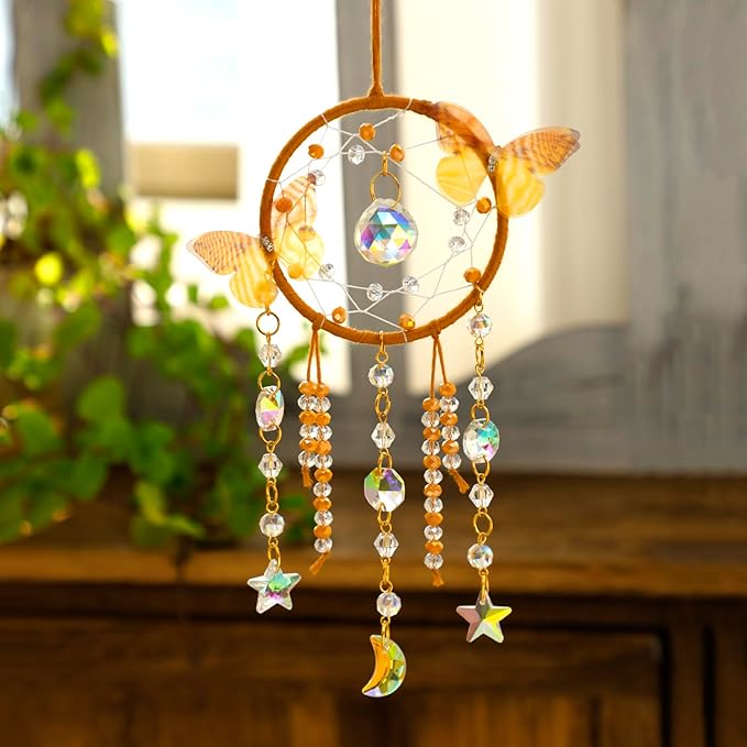 Artilady Dream Catcher for Girls - Butterfly Small Yellow Dream Catchers with Crystals Cute Room Decor for Teen Girls Boys Boho Bedroom Wall Home Decorations Birthday Christmas Women Gifts