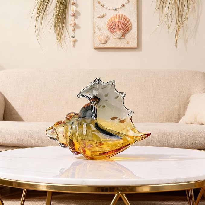Hand Blown Glass Conch Statues, Gray and Amber Glass Art Figurines, Conch Shells for Coastal Home Decor, Living Room TV Stand and Bookcase Decor, Bathroom Shelf Tops and Cabinet Decor.