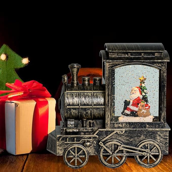 Music Snow Globe Train Lantern with Music and Timer, Battery Operated and USB Cable Santa Lighted Snow Globe Spinning Water Glitter (Bronze, USB Included)
