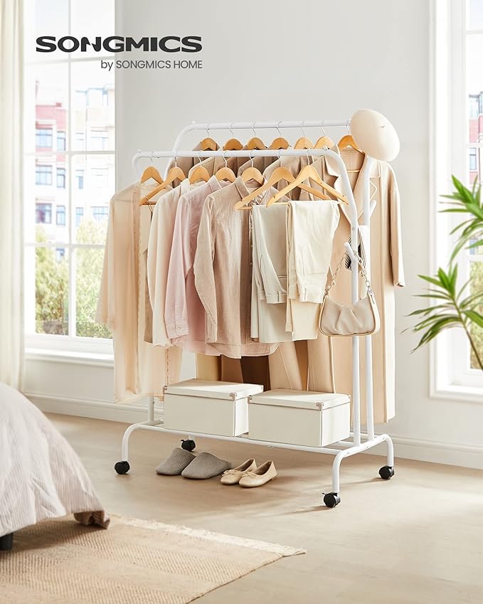 SONGMICS Clothes Rack, Double-Rod Clothing Rack for Hanging Clothes with Wheels, Garment Rack, Metal Frame, 220 lb Max. Total Load, 40.7 Inches Wide, Clothes Storage and Display, White UHSR107W01