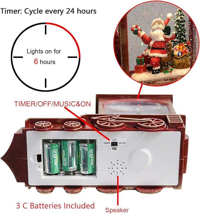 Musical Christmas Snow Globe Lantern Battery Operated with 6 Hour Timer Spinning Water Red Train Singing Lighted Snow Globe Lamp Holiday Decoration Gift(Santa, 10.6 x 4.3 x 8.3 Inches)