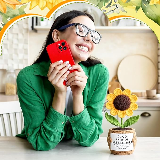 Wavwavw 1 Pcs Friends Gifts for Women, Galentines Graduation Handmade Sunflower Crochet Doll with Positive Card for Female Birthday BFF Bestie Gifts (Like Stars)