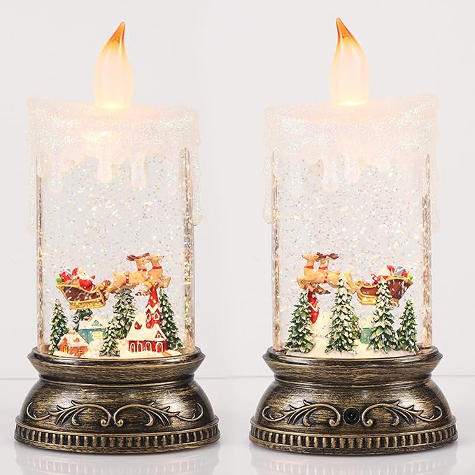 Eldnacele Christams Music Snow Globe Lantern with 6H Timer, Battery Operated & USB Powered Lighted Snowman Sleigh Deer Singing Snow Globe Candle Lamp Spinning Water Glitters Festival Gift Xmas Decor
