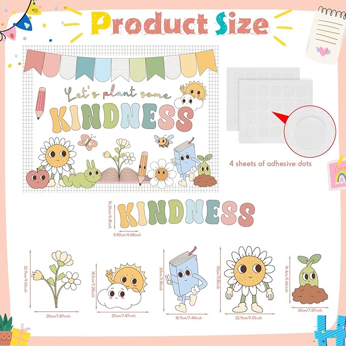 Pajean Let's Plants Some Kindness Bulletin Board Set Boho Back to School Classroom Decorations Sunflower Pencil Book Apple Paper Cutouts with Borders for First Day of School Library Decor Supplies