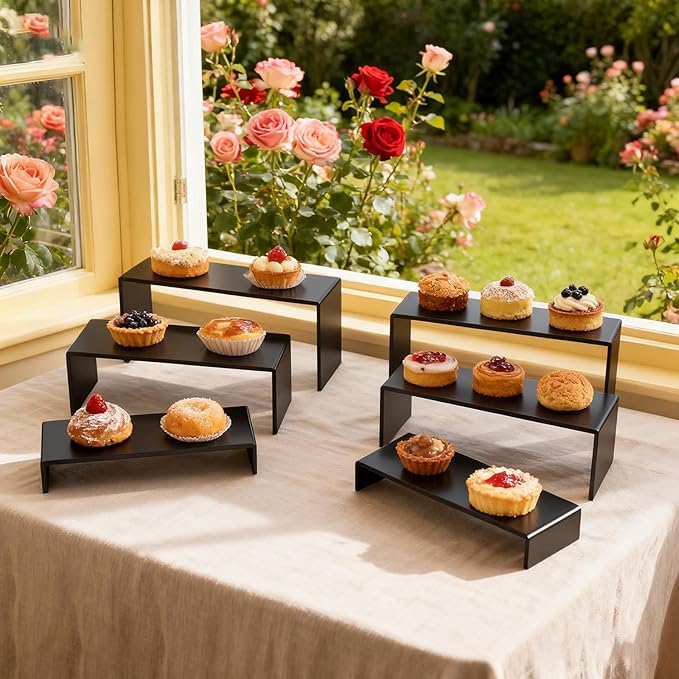 6 PCs Risers Display Stands 3 Tiers Desktop Acrylic Shelves Cake Dessert Holder Products Stand for Collectibles Shoes Jewels Pop Figure （Black）