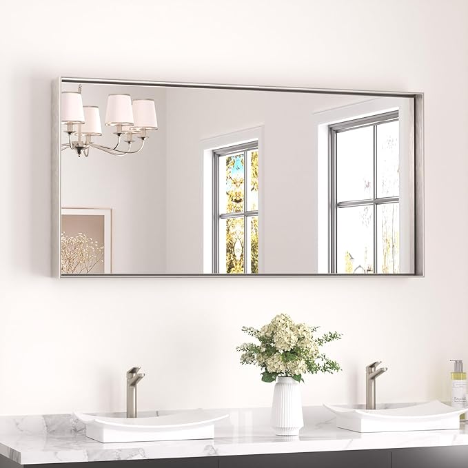 Keonjinn 48 x 24 in Brushed Nickel Bathroom Mirrors for Over Sink, Bathroom Vanity Mirror for Wall, Metal Frame Rectangle Mirror, Square Corner Brushed Silver Mirrors Full Length(Horizontal/Vertical)
