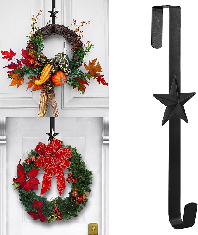 Wreath Hangers for Front Door,15" Sturdy Metal Wreath Doors Hangers,Over The Door Hooks for Front Porch Decor,Garland Hooks Holders for Halloween Christmas Decorations (Black Star, 2 Pack)
