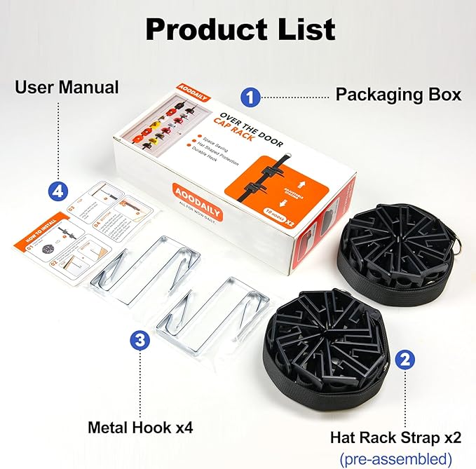 Hat Rack for Door - Two-Way Hanging Caps with Display Hooks and Hanger, Hat Organizer for Baseball Caps, Over the Door Hat Storage Organizer for Bedroom, Entrance or Garage Doors - 2 Packs
