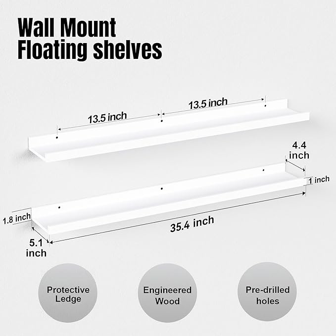 Boswillon 36 Inches Long Floating Shelves Wall Mounted,2 Set Modern White Shelf for Bedroom,Nursery Book with Lip,Picture Ledge Decor Living Room Bathroom Kitchen-White,35.4 In